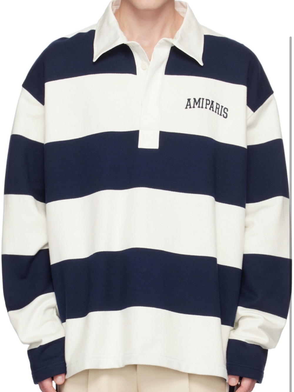 Ami Paris Navy and White Striped Rugby Sweater